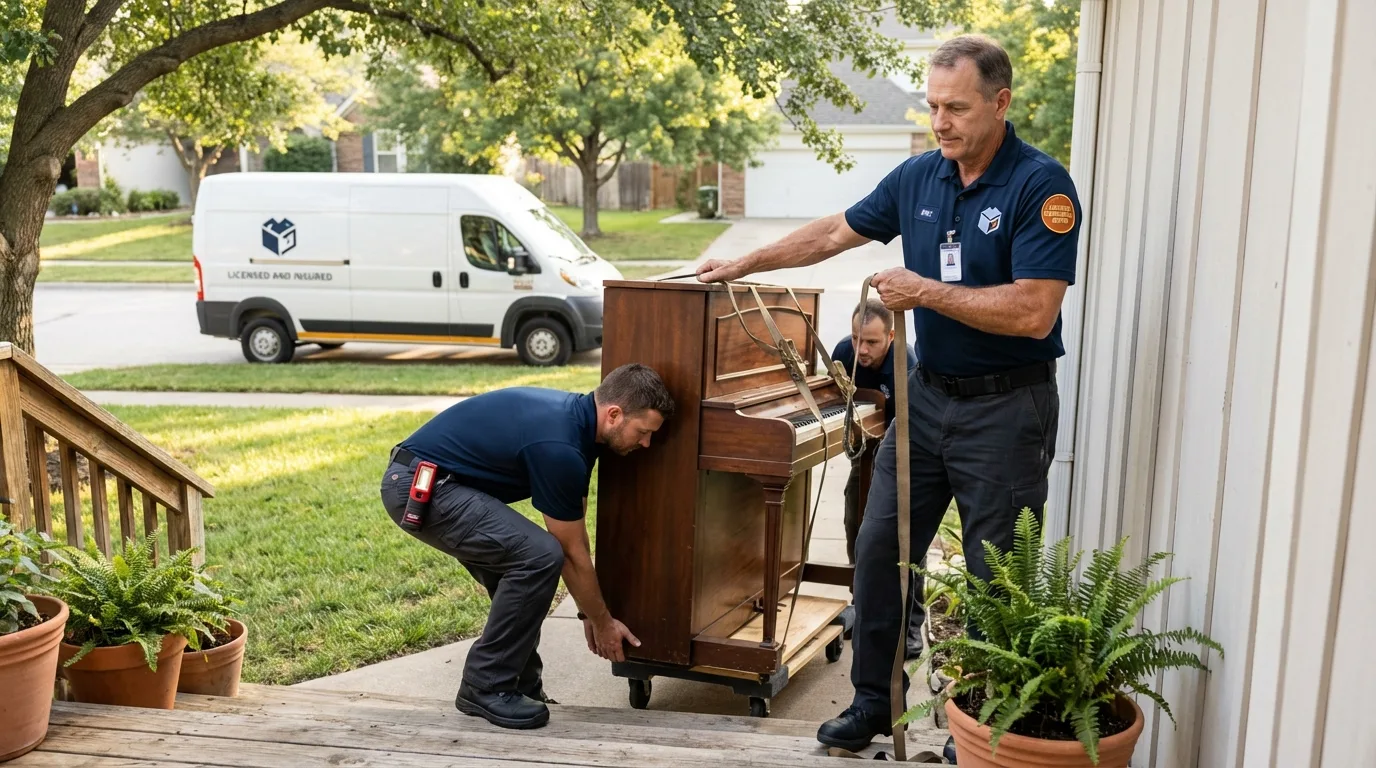 Licensed piano movers securing grand piano in Aubrey, TX