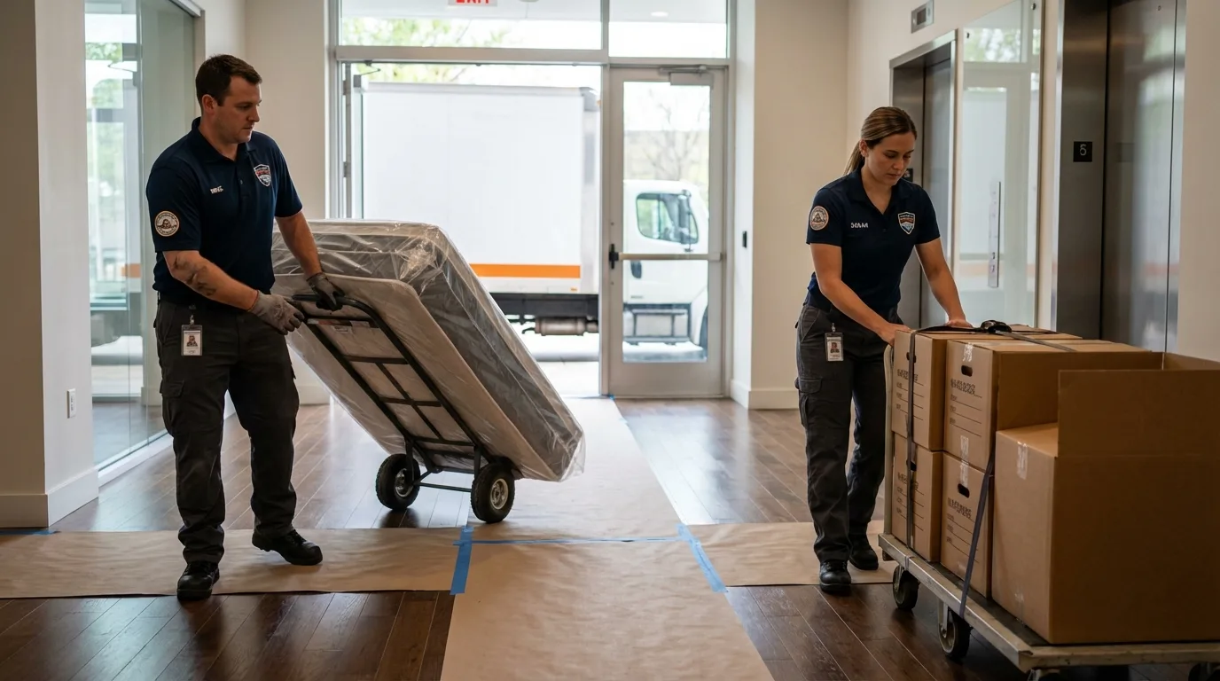 Professional apartment movers loading elevator in Aubrey, TX